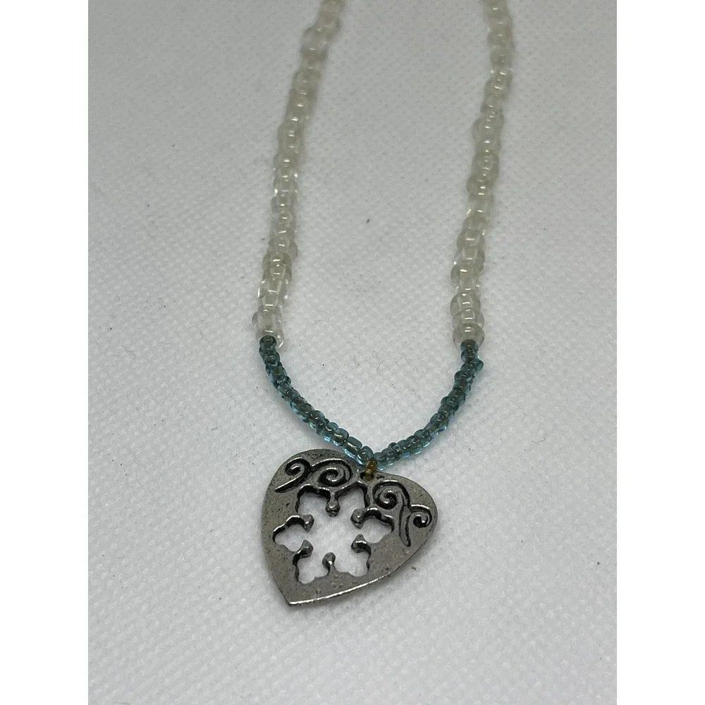 Vintage Hand‎ Beaded Enamel Heart Pendant Necklace TT